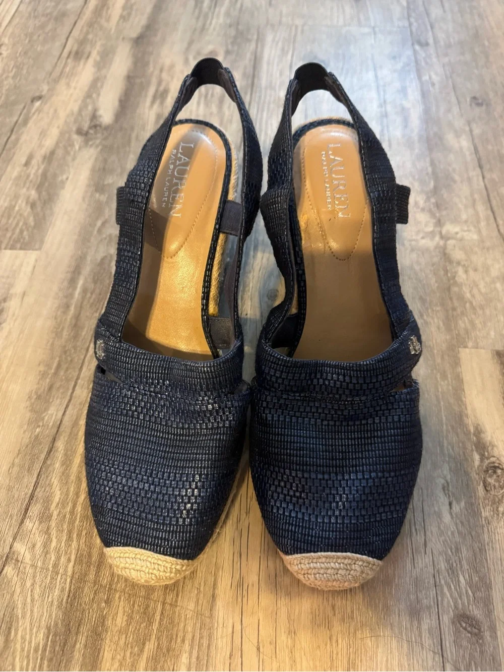 Ralph Lauren Penelope Navy Woven Slingback Espadrille Wedge Sandals Jute Toe 10